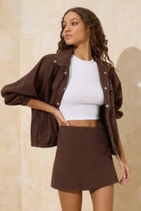 TRENDYOLMiLLA Brown Slit Detailed Denim Shorts Skirt - Image 2