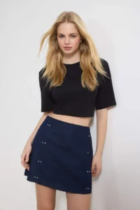 TRENDYOLMiLLA Dark Blue Accessory/Trok Detailed 100% Cotton Denim Shorts Skirt