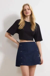 TRENDYOLMiLLA Dark Blue Accessory/Trok Detailed 100% Cotton Denim Shorts Skirt - Image 2