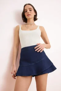 TRENDYOLMiLLA Dark Blue with flywheel 100% Cotton denim Shorts Skirt - Image 2