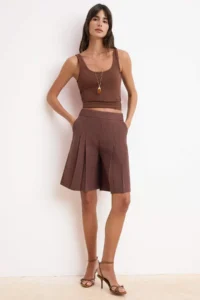 TRENDYOLMiLLA Brown linen look pleated LONG Shorts & Bermuda