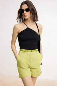 TRENDYOLMiLLA Oil Green Arched linen look Short Shorts & Bermuda