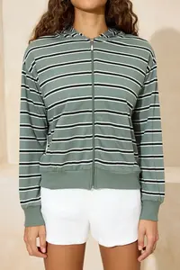 TRENDYOLMİLLA Green Striped Regular/Normal Pattern Hooded Zippered Thin Knitting Sweatshirt - Image 3