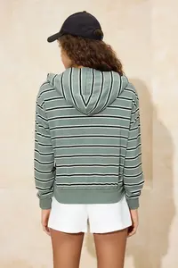 TRENDYOLMİLLA Green Striped Regular/Normal Pattern Hooded Zippered Thin Knitting Sweatshirt - Image 4