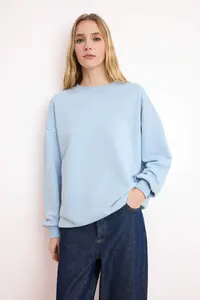 TRENDYOLMİLLA Light Blue Regular/Normal Pattern Long Sleeve 3 Yarn Unbrushed Knitting Sweatshirt