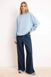 TRENDYOLMİLLA Light Blue Regular/Normal Pattern Long Sleeve 3 Yarn Unbrushed Knitting Sweatshirt - Image 2