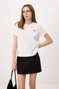 TRENDYOLMİLLA Ecru Regular/Normal Pattern Short Sleeve Embroidered Tok 100% Cotton Knitting T-Shirt