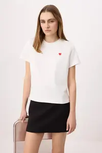TRENDYOLMİLLA Ecru Regular/Normal Pattern Short Sleeve Embroidered Tok 100% Cotton Knitting T-Shirt - Image 2