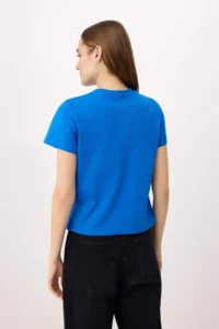 TRENDYOLMİLLA Saks Blue Regular/Normal Pattern Short Sleeve Embroidered 100% Cotton Knitting T-Shirt - Image 4
