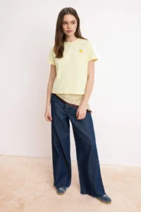TRENDYOLMİLLA Yellow Regular/Normal Pattern Short Sleeve Embroidered Tok 100% Cotton Knitting T-Shirt - Image 2