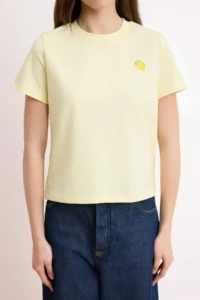 TRENDYOLMİLLA Yellow Regular/Normal Pattern Short Sleeve Embroidered Tok 100% Cotton Knitting T-Shirt - Image 3