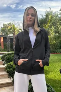 Trend Alaçatı Stili Women's Dark anthracite Hooded Double Pocket Zippered Oversized Sweatshirt ALC-667-001 - Image 2