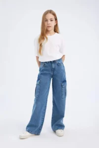 DeFacto Wide Leg Cargo Wide Leg Cotton Jean Trousers for Girls