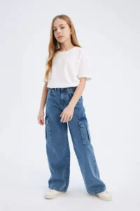 DeFacto Wide Leg Cargo Wide Leg Cotton Jean Trousers for Girls - Image 2