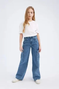 DeFacto Wide Leg Cargo Wide Leg Cotton Jean Trousers for Girls - Image 3