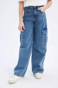 DeFacto Wide Leg Cargo Wide Leg Cotton Jean Trousers for Girls - Image 4