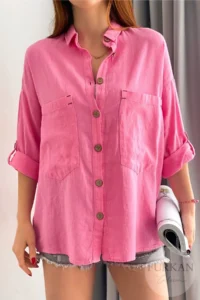 FEMELLE Women's Pink Wooden Button Folding Sleeve Double Pocket Casual Wide Loose Fit 65% Cotton 35% Linen Shirt