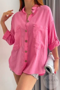 FEMELLE Women's Pink Wooden Button Folding Sleeve Double Pocket Casual Wide Loose Fit 65% Cotton 35% Linen Shirt - Image 2