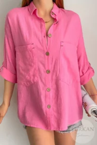 FEMELLE Women's Pink Wooden Button Folding Sleeve Double Pocket Casual Wide Loose Fit 65% Cotton 35% Linen Shirt - Image 3