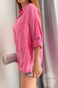 FEMELLE Women's Pink Wooden Button Folding Sleeve Double Pocket Casual Wide Loose Fit 65% Cotton 35% Linen Shirt - Image 4