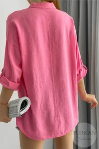 FEMELLE Women's Pink Wooden Button Folding Sleeve Double Pocket Casual Wide Loose Fit 65% Cotton 35% Linen Shirt - Image 5