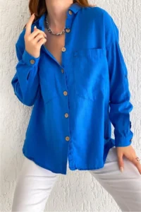 FEMELLE Women's Saks Blue Wooden Button Cotton Linen Shirt 65% Cotton 35% Linen - Image 2