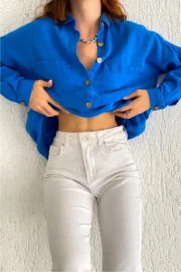FEMELLE Women's Saks Blue Wooden Button Cotton Linen Shirt 65% Cotton 35% Linen - Image 3
