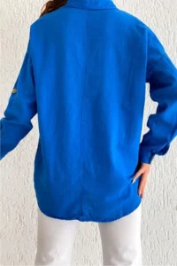 FEMELLE Women's Saks Blue Wooden Button Cotton Linen Shirt 65% Cotton 35% Linen - Image 4