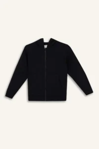DeFacto Boy's Basic Plain Black Hooded School Cardigan with Zipper Pocket