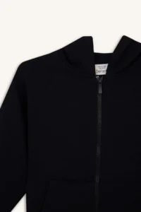DeFacto Boy's Basic Plain Black Hooded School Cardigan with Zipper Pocket - Image 2