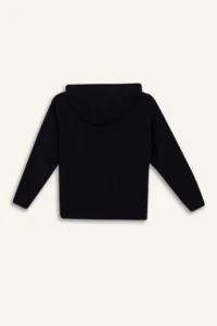 DeFacto Boy's Basic Plain Black Hooded School Cardigan with Zipper Pocket - Image 3