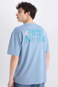 DeFacto 100% Cotton Vikings Valhalla Boxy Fit Crew Neck Back Printed Short Sleeve T-Shirt