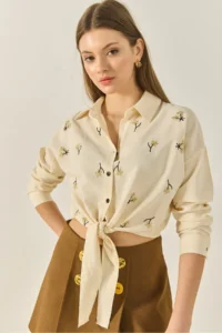 Bianco Lucci Women's Daisy Embroidered Tie Detailed Short Viscose Shirt MG6282