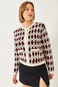 Bianco Lucci Women Baklava Patterned with pocket Knitwear Cardigan - Image 4