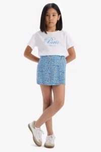 DeFacto Set of 2 Printed Short Sleeve T-Shirt Floral Shorts Skirt Girl Child - Image 2