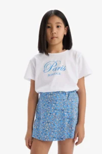 DeFacto Set of 2 Printed Short Sleeve T-Shirt Floral Shorts Skirt Girl Child - Image 3