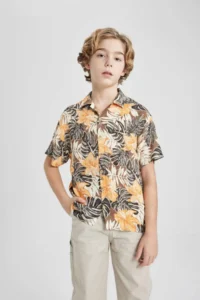 DeFacto Oversize Wide Fit Patterned Viscose Short Sleeve Shirt Boy