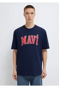 Mavi Logo Printed Navy Blue T-Shirt Loose Fit 0611711-84371 - Image 3