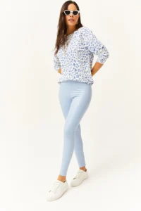Olalook Women's Baby Blue High Waist Leather Look Leggings with Fleece Inside