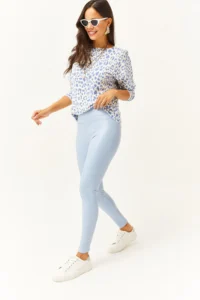 Olalook Women's Baby Blue High Waist Leather Look Leggings with Fleece Inside - Image 3