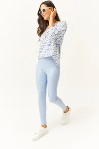 Olalook Women's Baby Blue High Waist Leather Look Leggings with Fleece Inside - Image 4