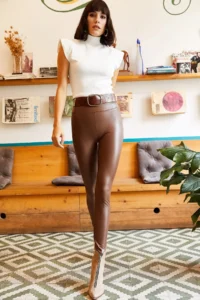 Olalook Women's Brown Fleece Inside High Waist Leather Look Leggings
