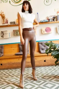 Olalook Women's Brown Fleece Inside High Waist Leather Look Leggings - Image 2