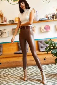 Olalook Women's Brown Fleece Inside High Waist Leather Look Leggings - Image 4