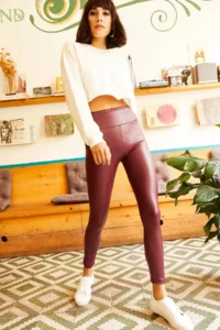 Olalook Women's Claret Red Inside Polarized High Waist Leather Look Leggings - Image 2