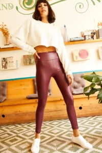 Olalook Women's Claret Red Inside Polarized High Waist Leather Look Leggings - Image 3