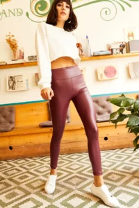 Olalook Women's Claret Red Inside Polarized High Waist Leather Look Leggings - Image 4