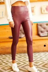 Olalook Women's Claret Red Inside Polarized High Waist Leather Look Leggings - Image 5
