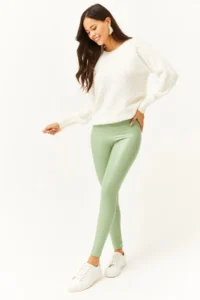 Olalook Women's Green High Waist Leather Look Leggings with Polar Inside