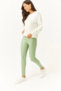 Olalook Women's Green High Waist Leather Look Leggings with Polar Inside - Image 2